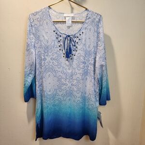 LA BLANCA Blue and White Paisley Tunic Top Size L NWT
